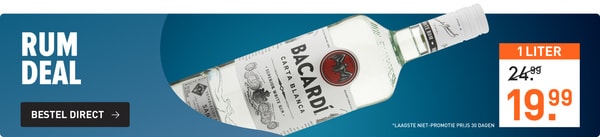 Rum deal: 1 liter bacardi carta blanca van &euro;24,99&nbsp;voor&nbsp;&euro;19,99